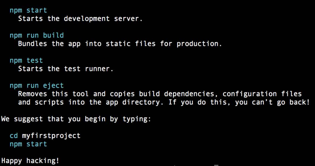 create-react-app success message(Happy hacking!)