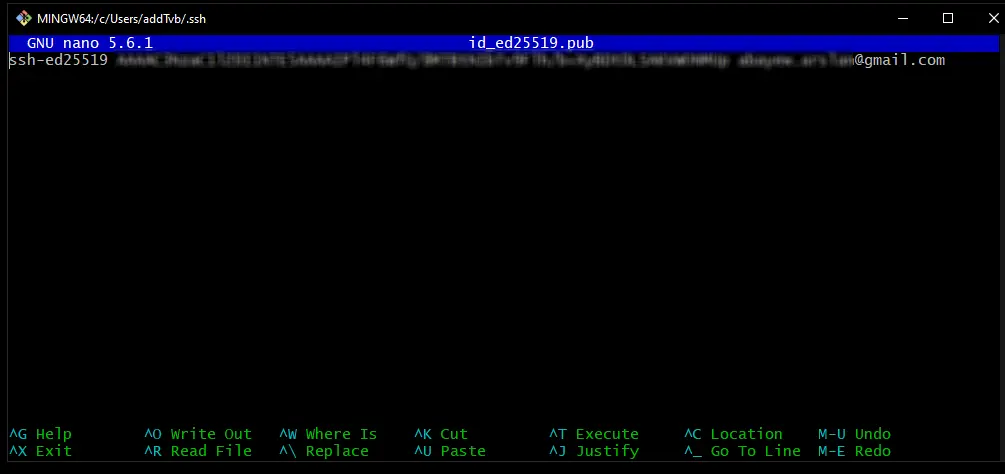 screenshot with blured ssh key in nano